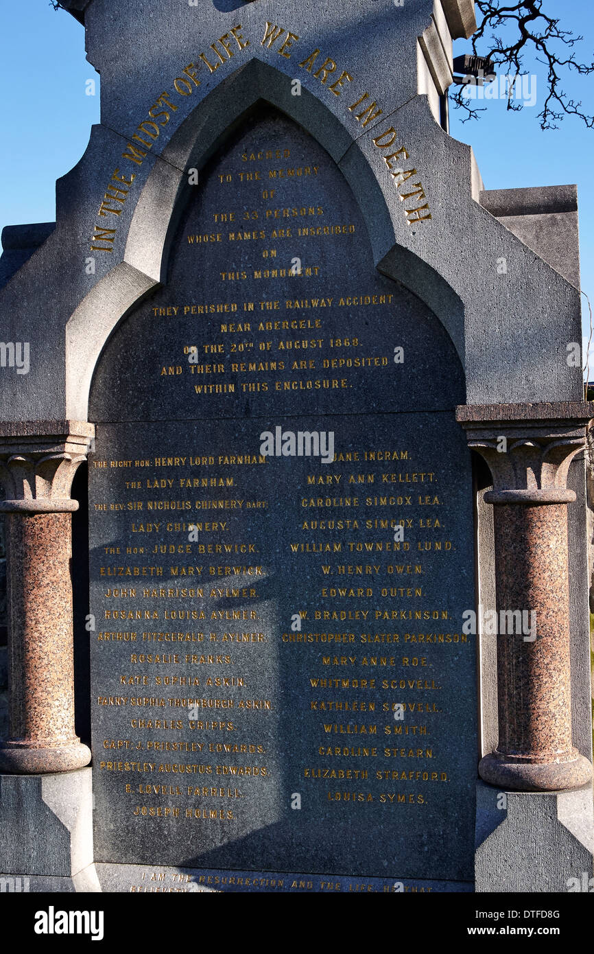 Detail on the memorial in Abergele Church yard in North Wales to the 33 people who lost their lives in the rail disaster of 1868 Stock Photo