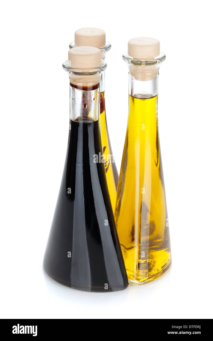 Olive oil and vinegar bottles. Isolated on white background Stock Photo