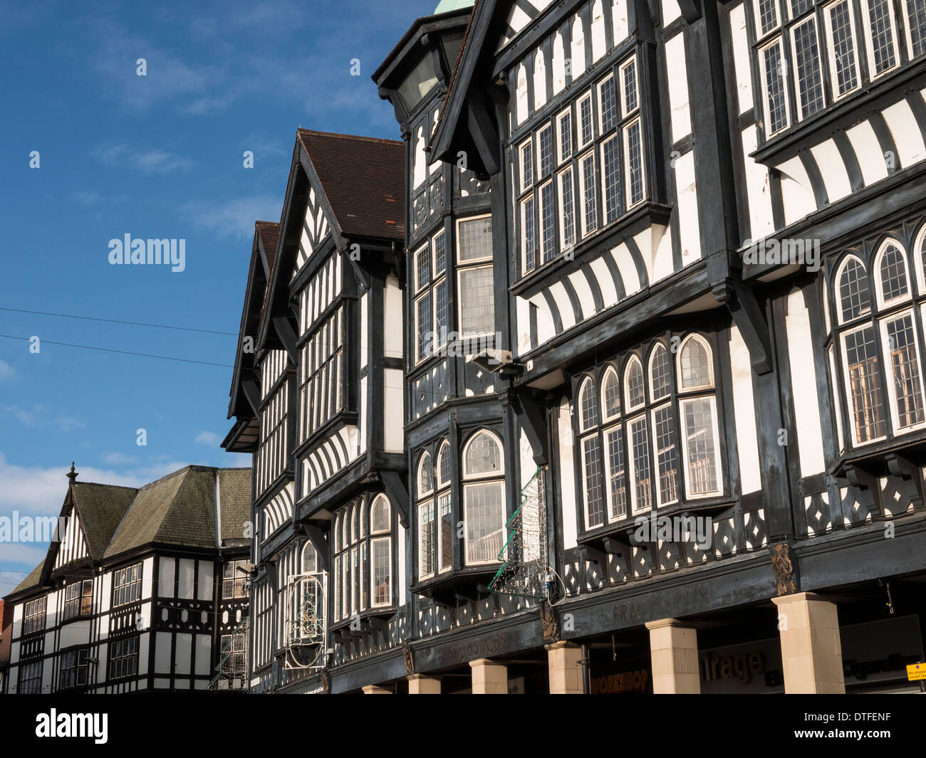 town centre street,old building,black and white wood,Chesterfield