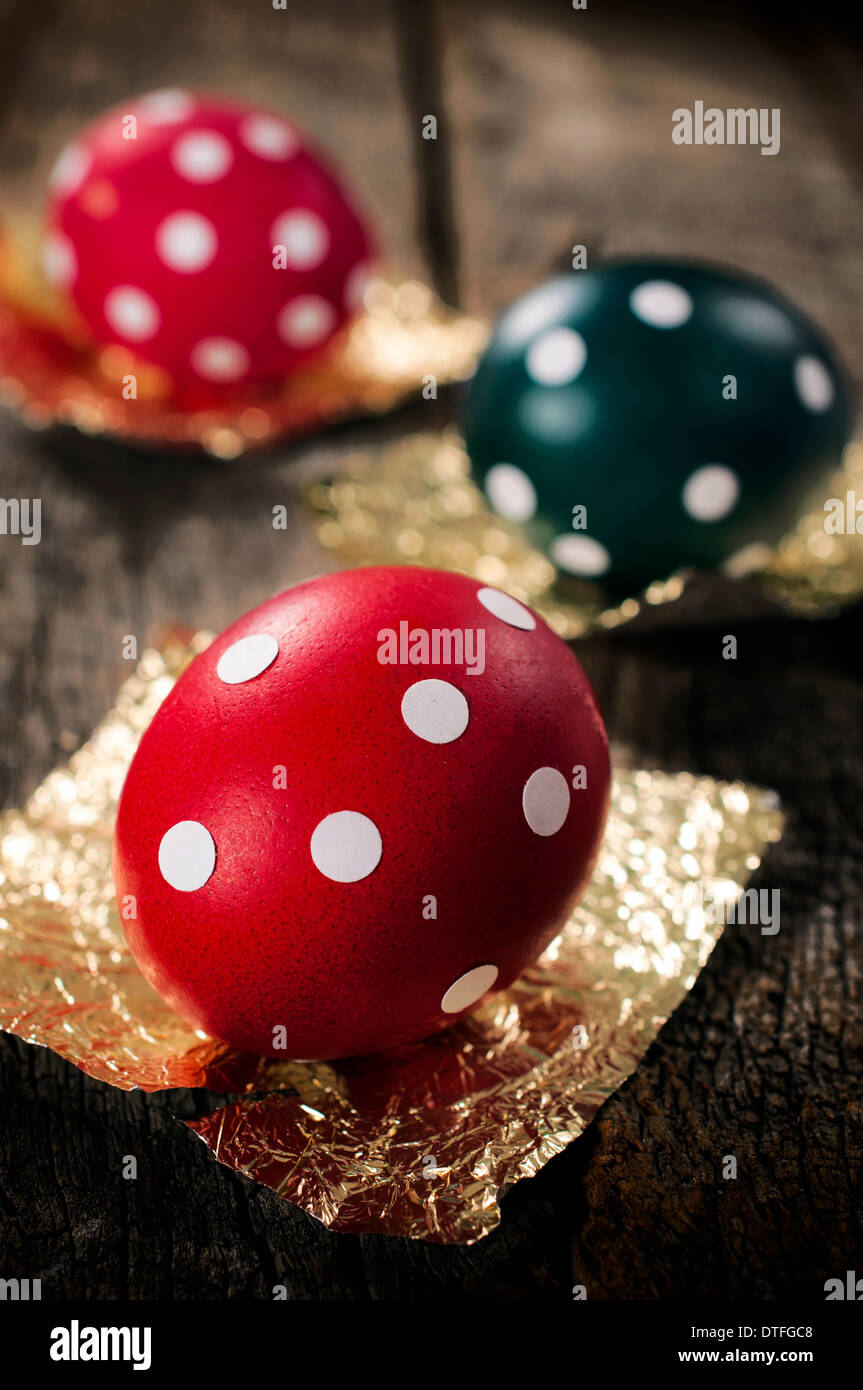 Selective focus on the front dotted Easter egg Stock Photo