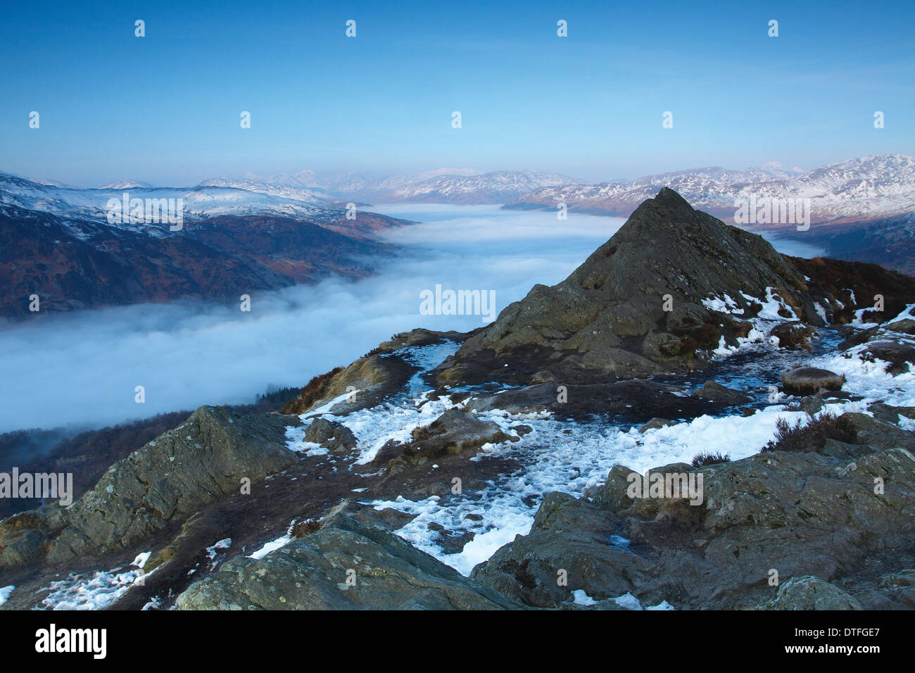 A cloud inversion over Loch Katrine from the summit of Ben A'an, Stirlingshire Stock Photo