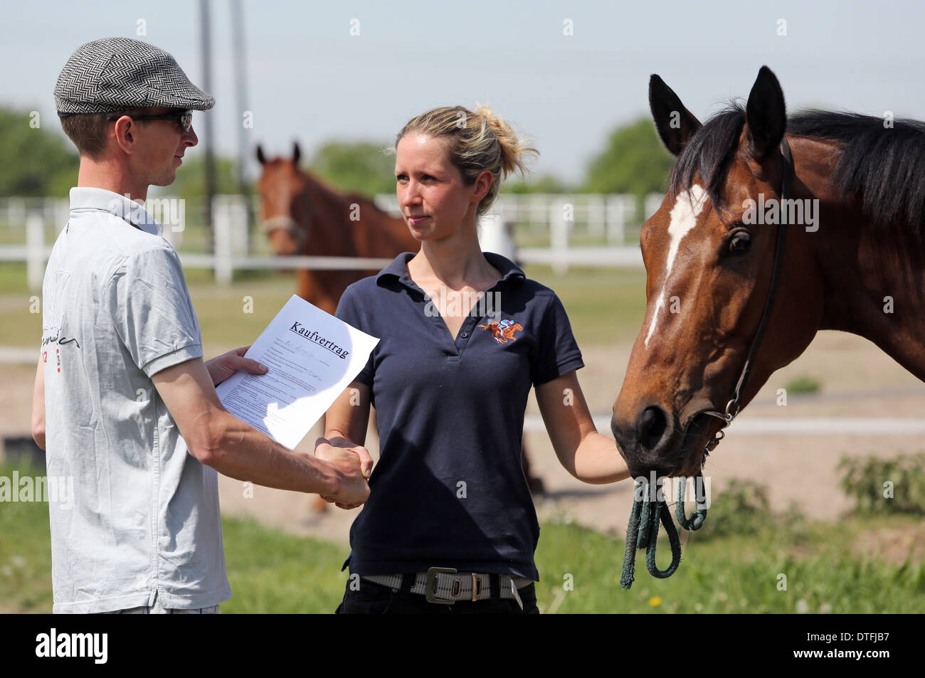 Koenigs Wusterhausen, Germany, husband and wife seal a horse sale with a handshake Stock Photo