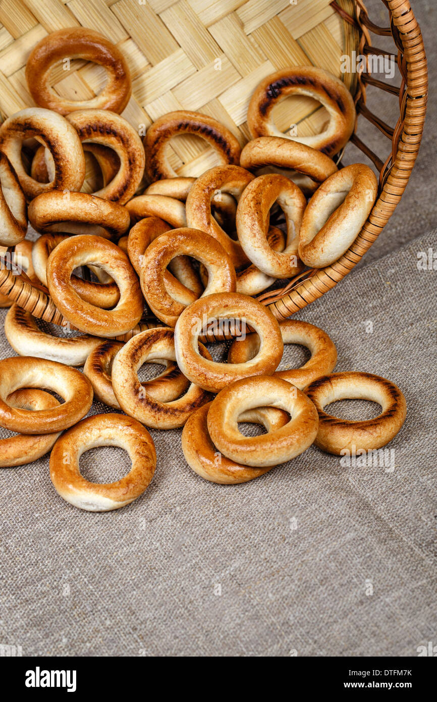 Russian traditional bagels in a wicker basket closeup shot Stock Photo