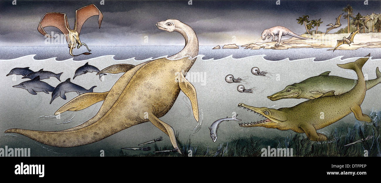 Ichthyosaurus, Rhamphorhynchus, Plesiosaurus, Megalosaurus, Pterodactylus. Stock Photo