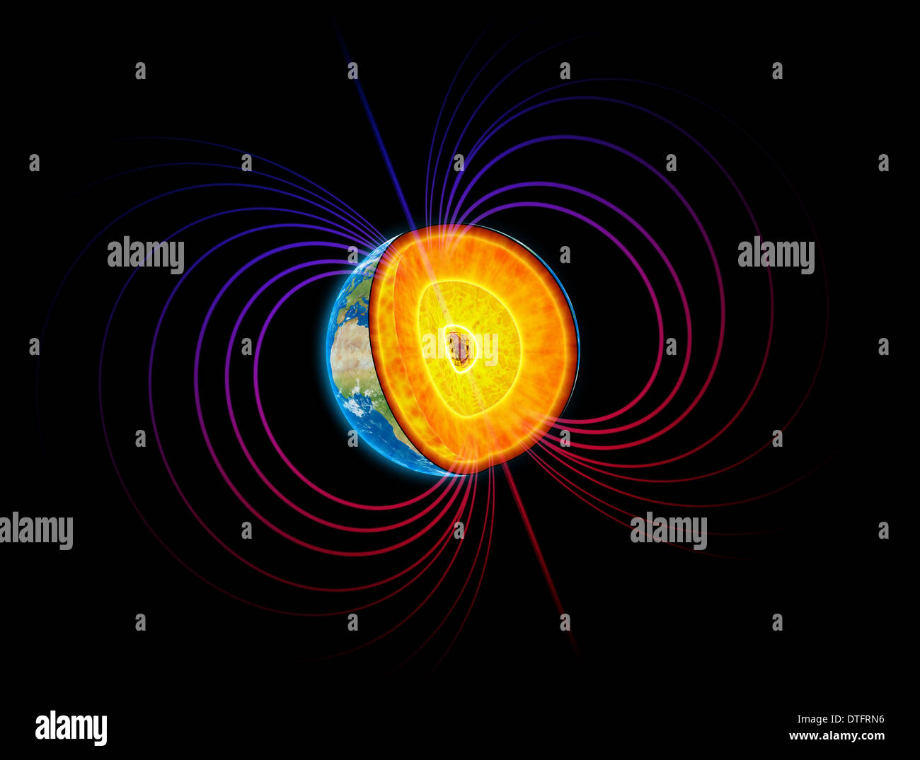 Earth cut-away with visible iron core and the magnetosphere Stock Photo