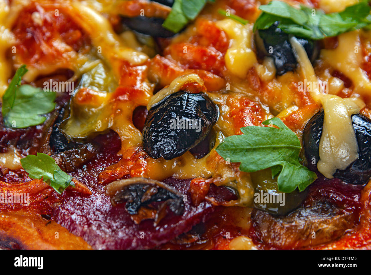 Italian food pizza closeup with sausage Stock Photo
