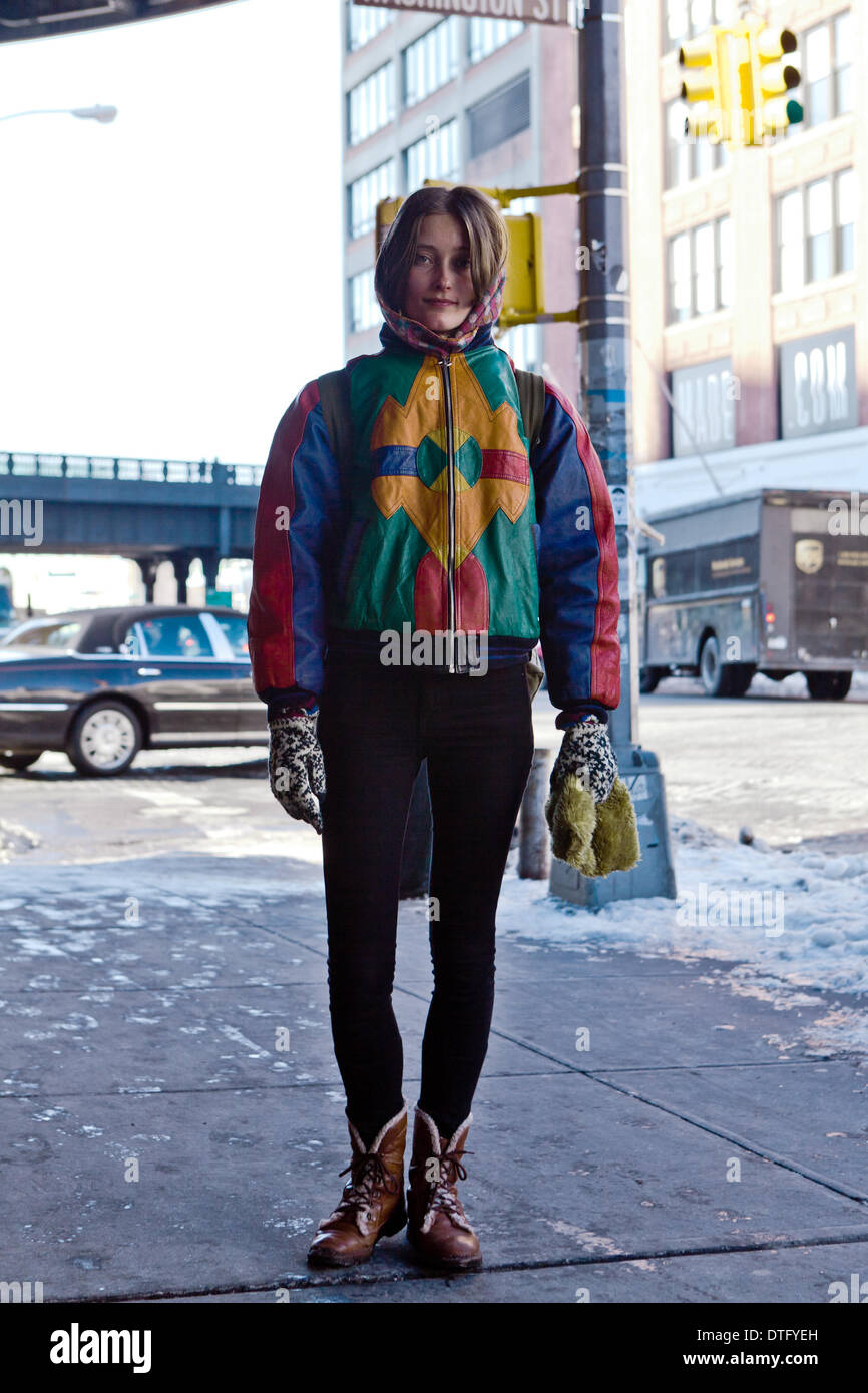 Iekeliene Stange posing on the street during New York Fashion Week - Feb 7, 2014 - Photo: Runway Manhattan/Thomas B. Ling/picture alliance Stock Photo