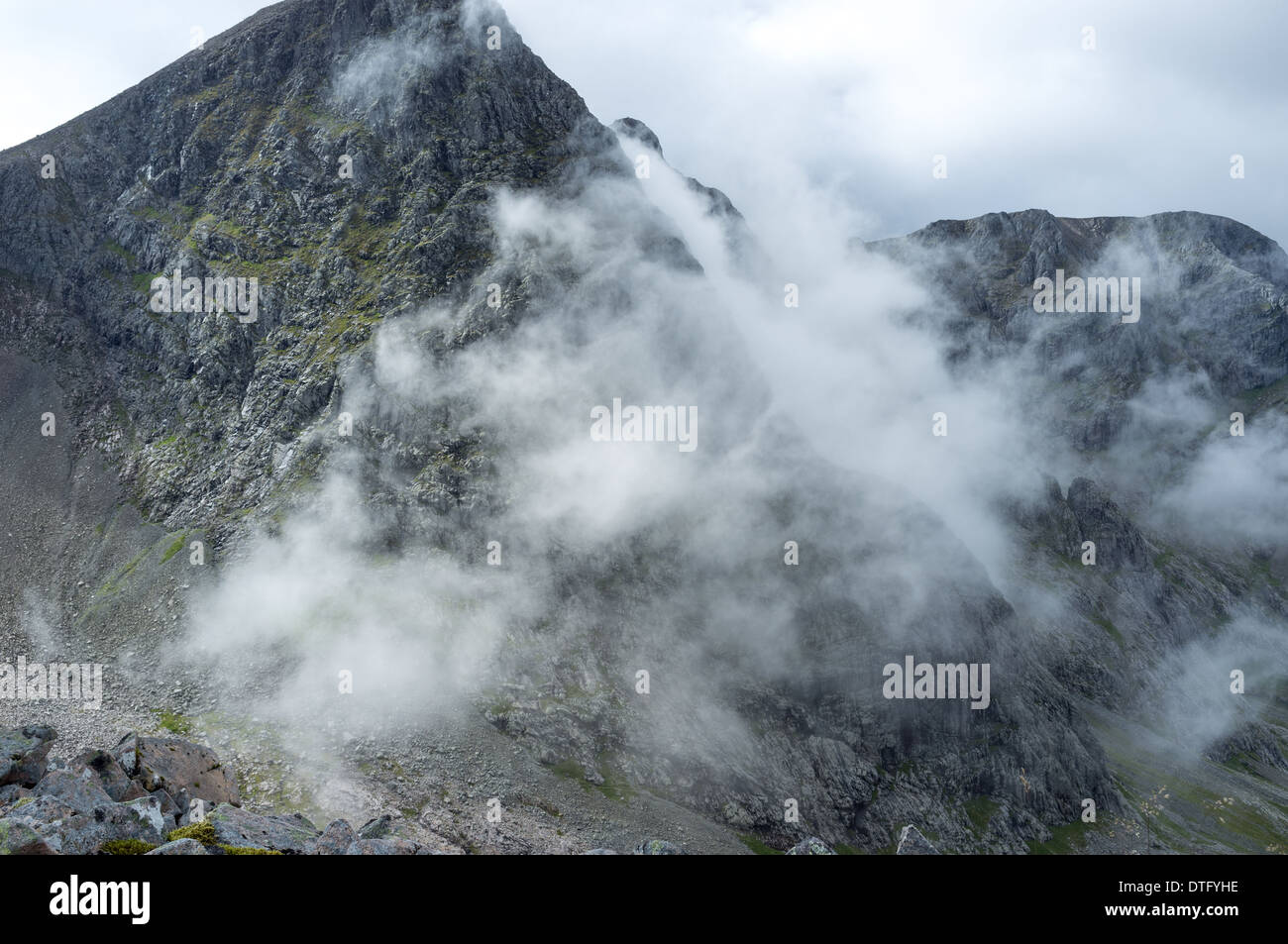 North face of Ben Nevis in the mist, Western Highlands, Scotland. View from Carn Mor Dearg of the North Face Stock Photo