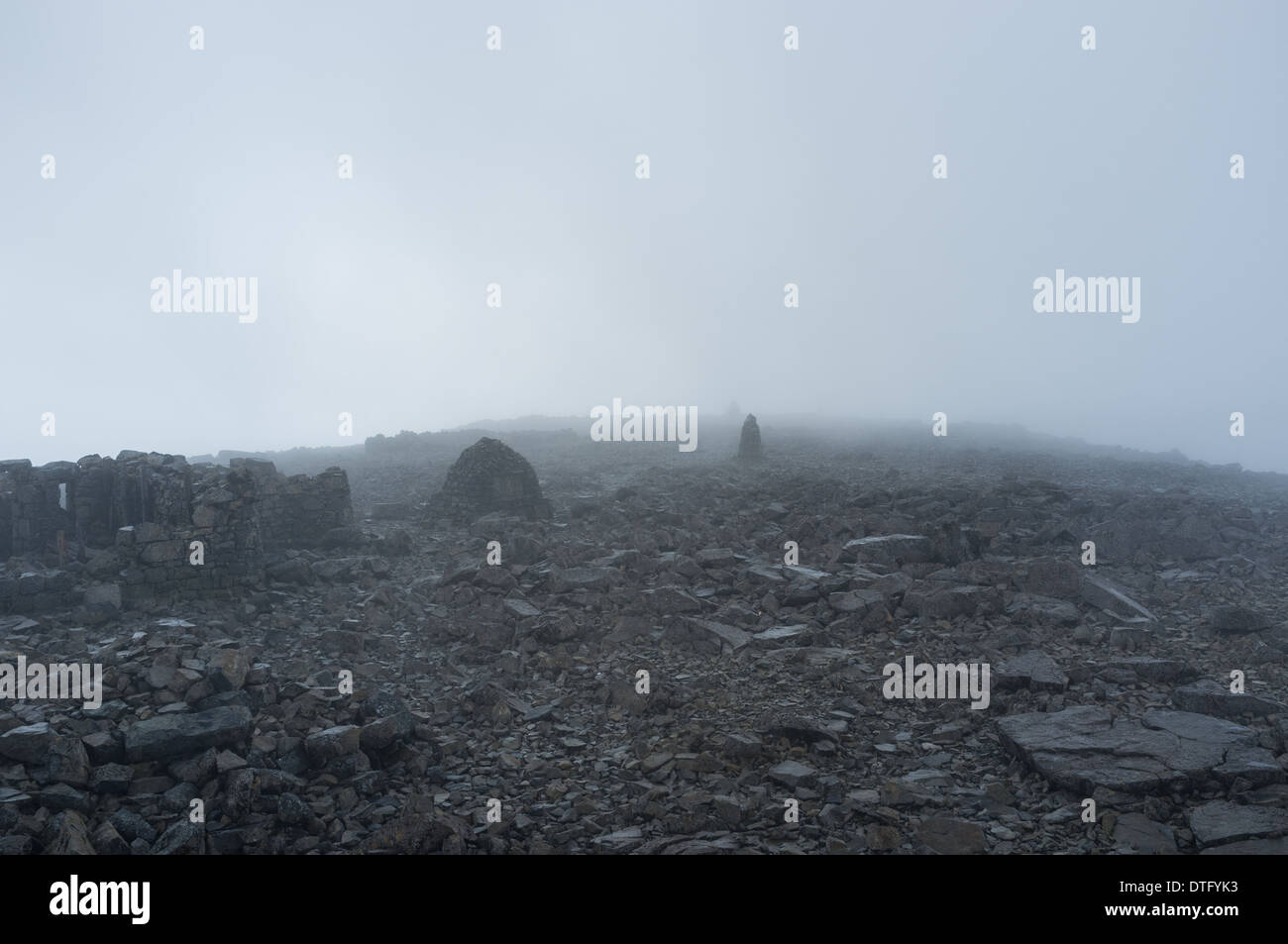 Cairns in the mist on the summit of Ben Nevis, Western Highlands, Scotland, United Kingdom Stock Photo