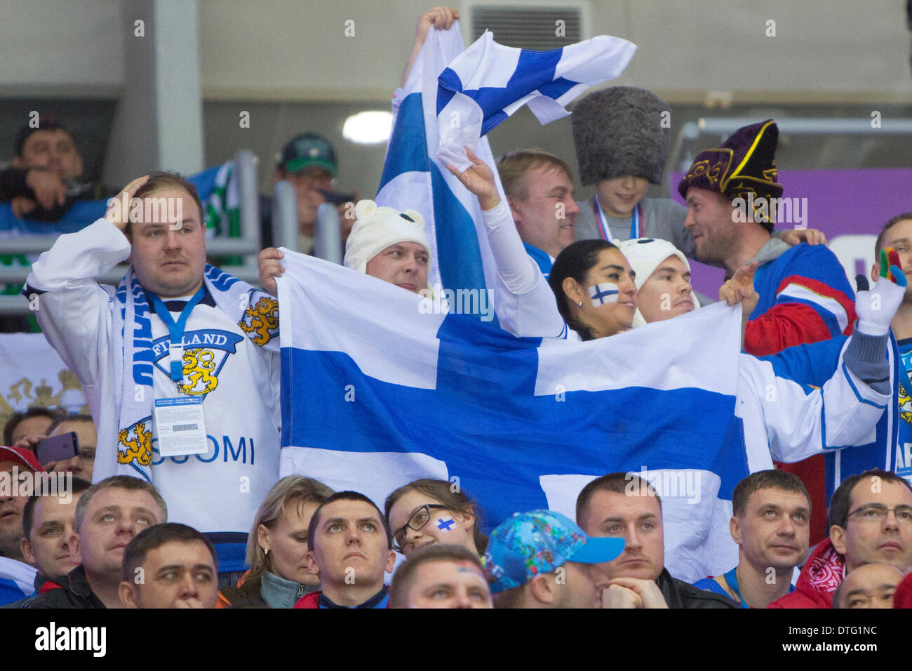 Sochi, Russia. 16th Feb, 2014. Finland versus Canada, a nervous fan at 2014 Winter Olympics Ice Hockey, Bolshoy Ice Dome, Sochi, Russia, Credit:  Action Plus Sports/Alamy Live News Stock Photo