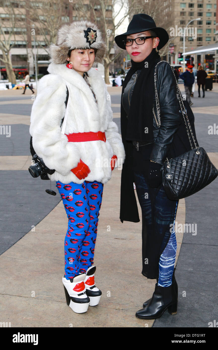 Mari Drookayn and Hitomi Iijima arriving at the Betsey Johnson runway show in New York City - Feb 12, 2014 - Photo: Runway Manhattan/Charles Eshelman/picture alliance Stock Photo