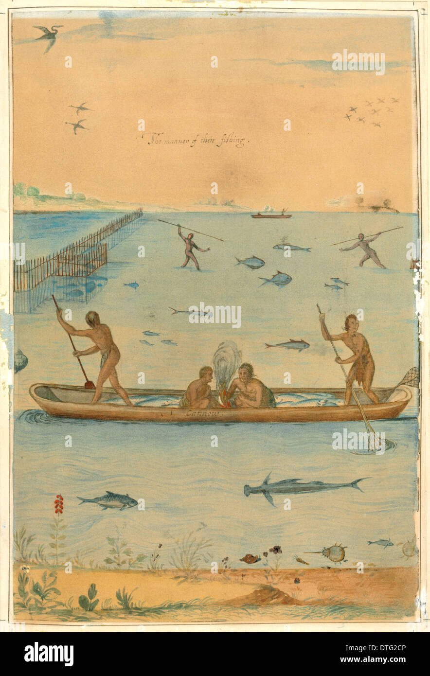 Native American fishing scene by John White, c.1580s. Stock Photo