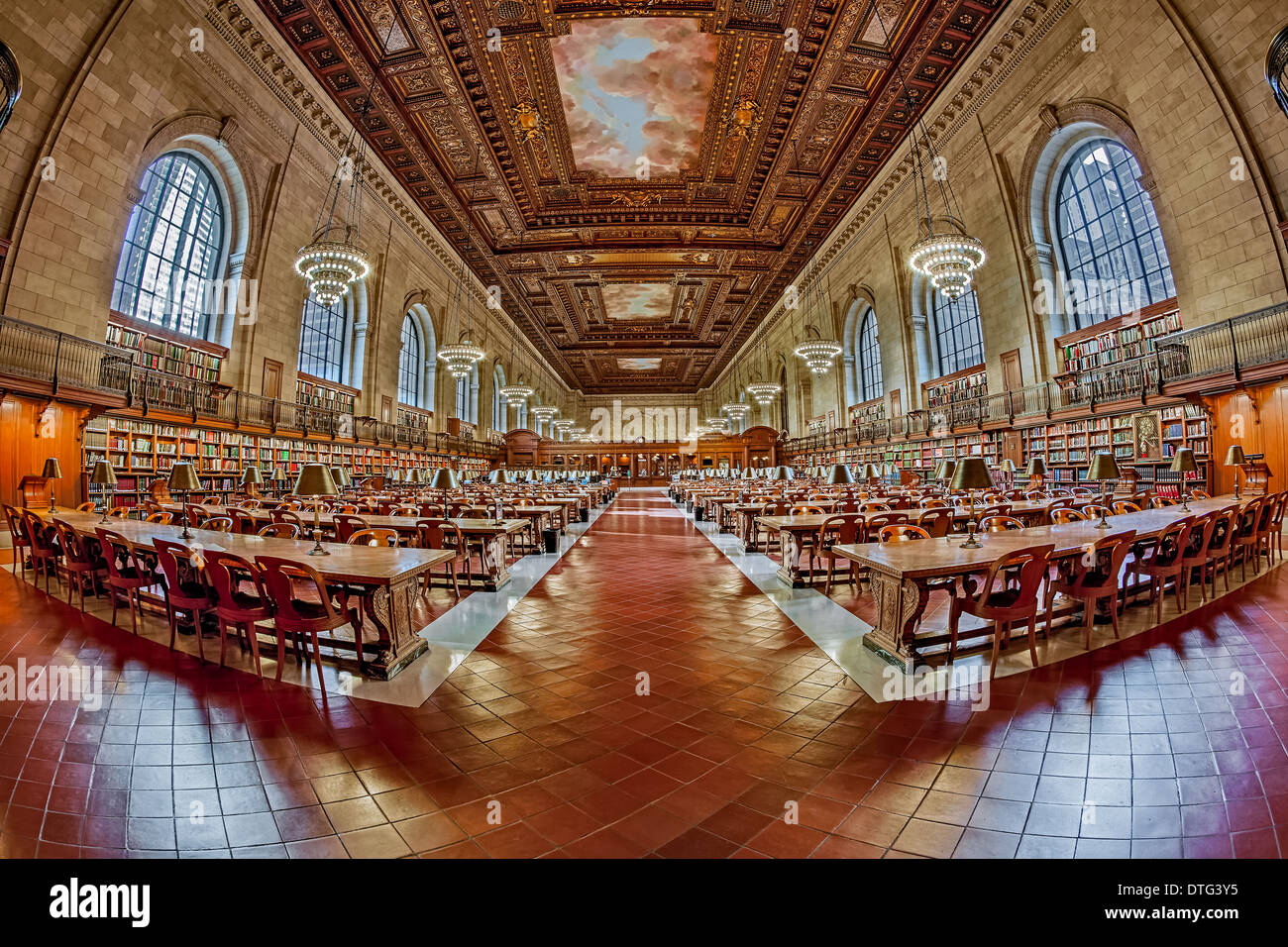 The ornate Rose Main Reading Room at the Stephen A. Schwarzman Building commonly known as the main branch of The New York Public Library located on 5th Avenue and 42nd Street in New York City. Stock Photo