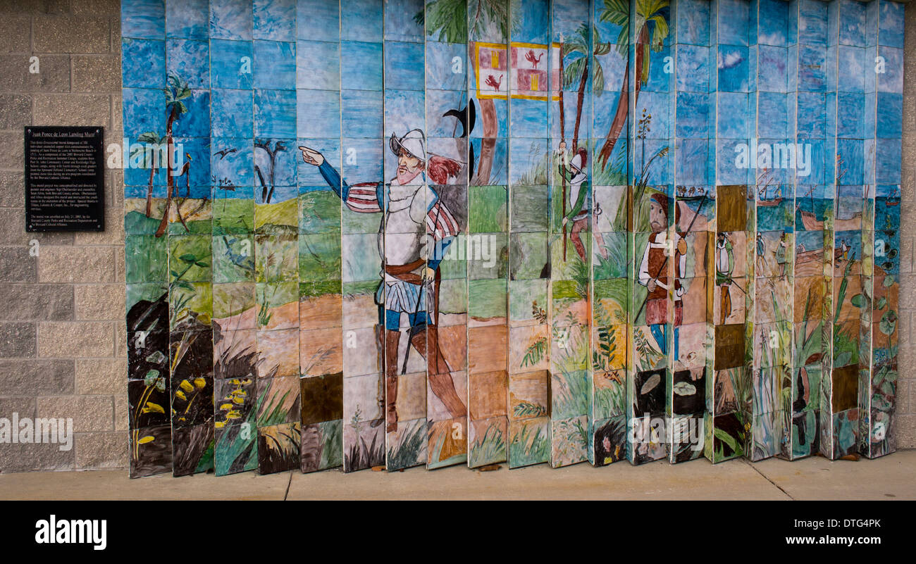 Juan Ponce de Leon mural at Melbourne Beach Florida landing site. Stock Photo
