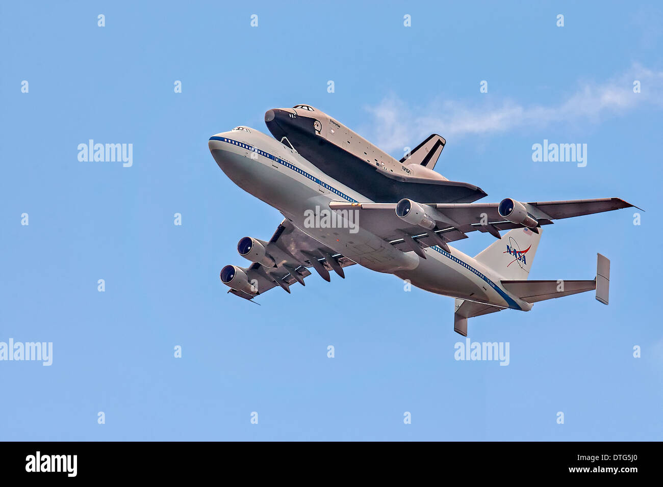 Enterprice Space Shuttle  piggyback to a NASA Boeing 747 flying over the Hudson River in New York City. Stock Photo