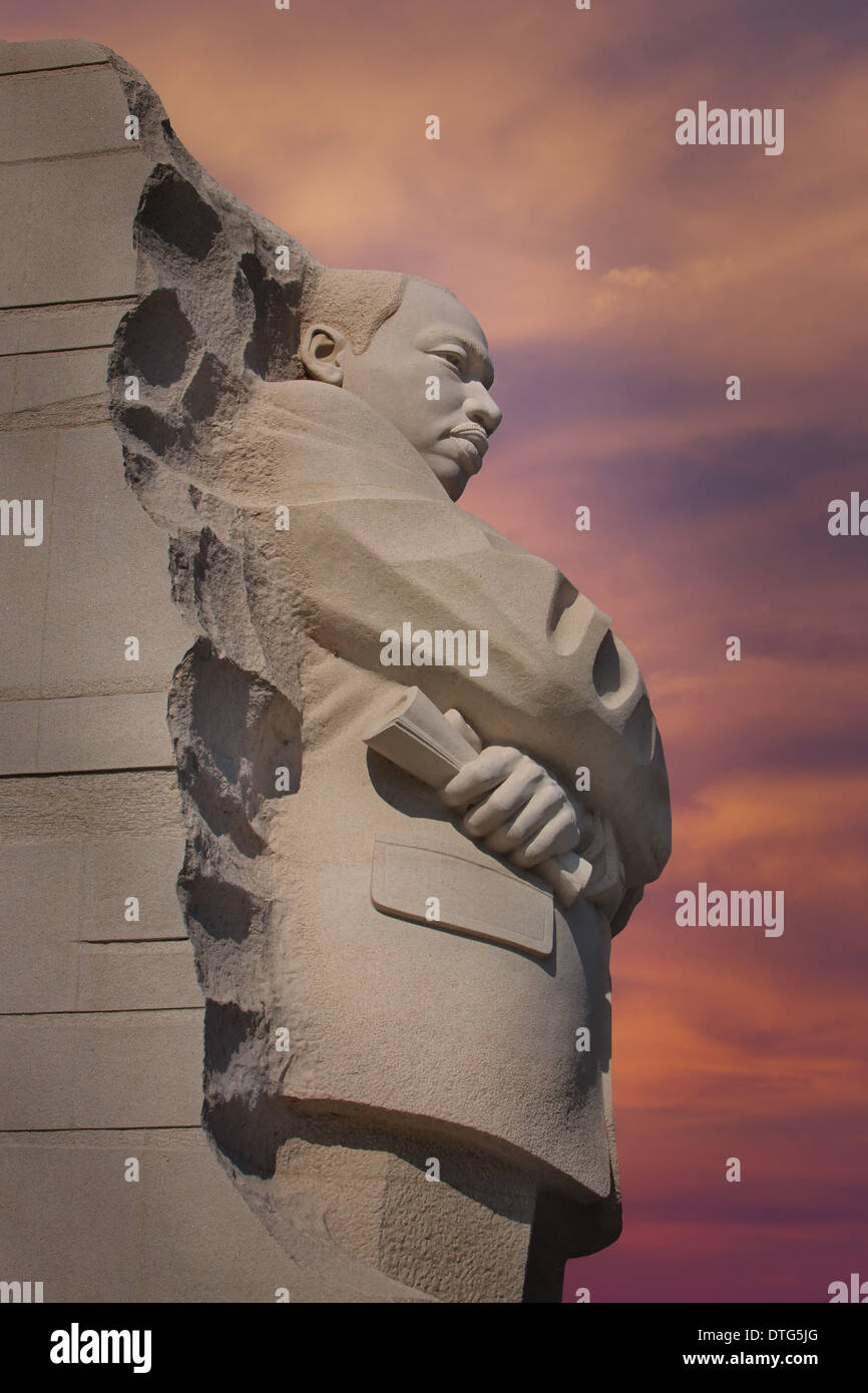 A side view to Dr. Martin Luther King Jr's Memorial in Washington DC, against a beautiful twilight sky. Stock Photo