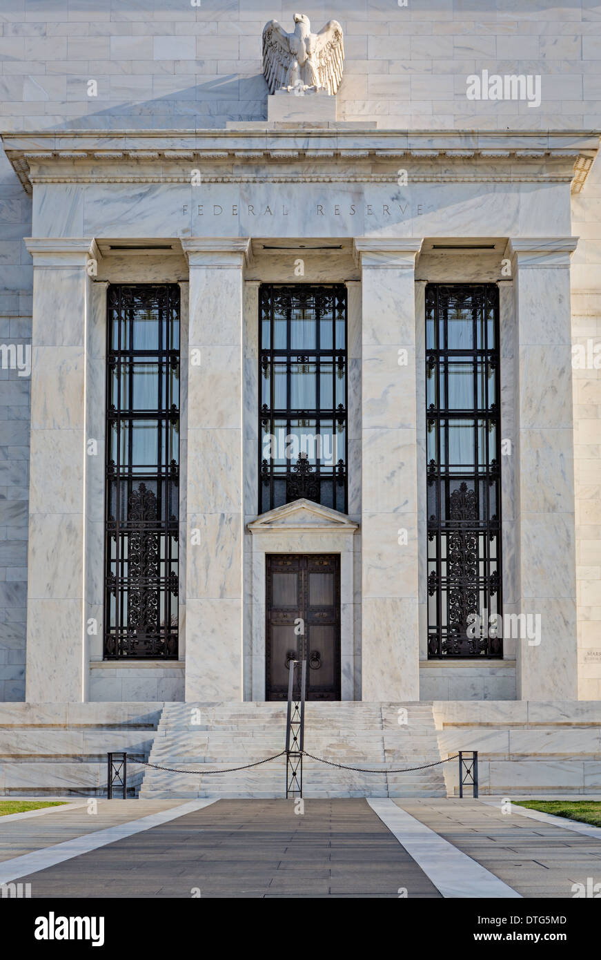 A front view of the Unites States Federal Reserve Building entrance in the nations capitol Washington DC. Stock Photo