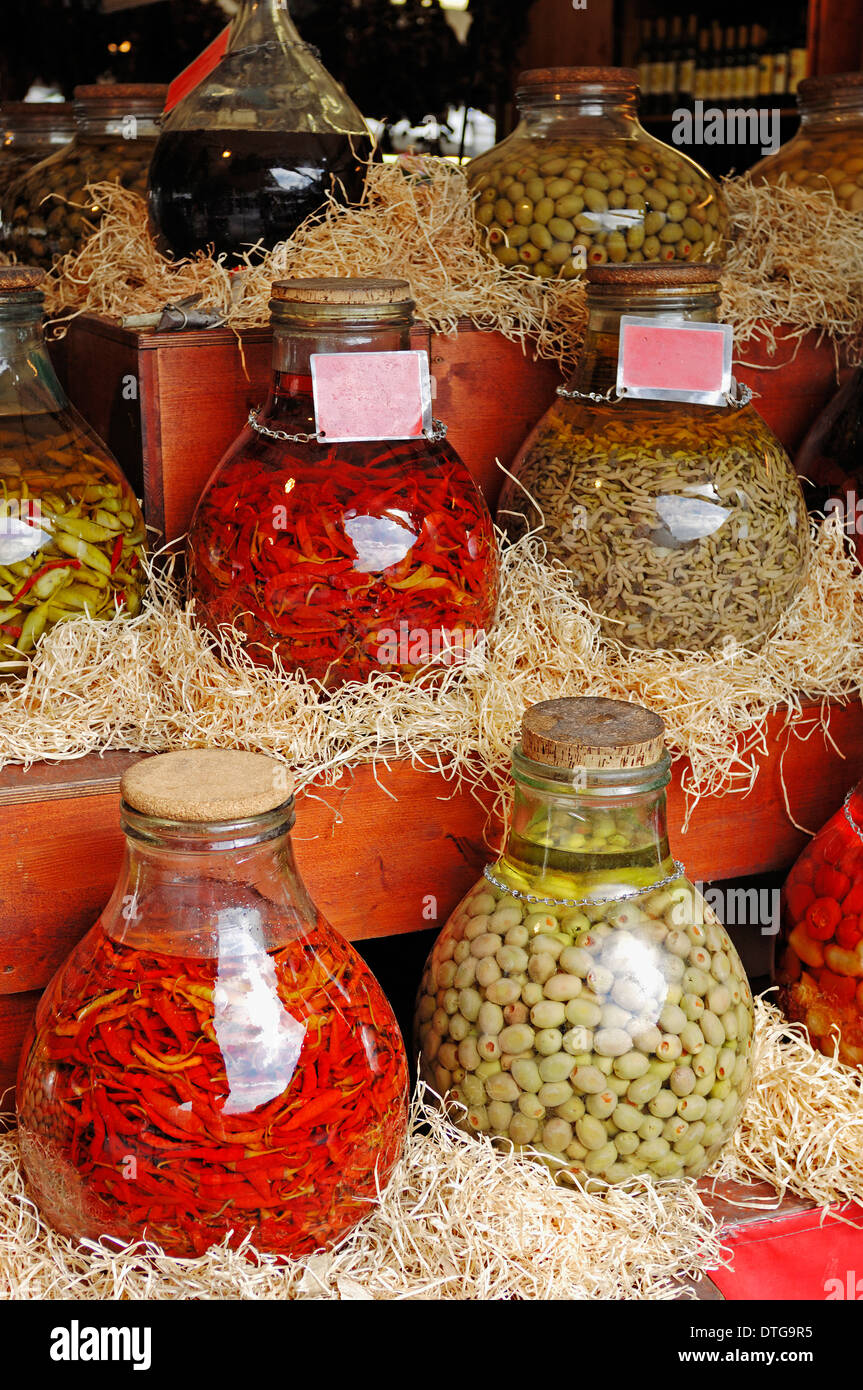 Glasses with pickles at market stall, Viktualienmarket, Munich, Bavaria, Germany Stock Photo