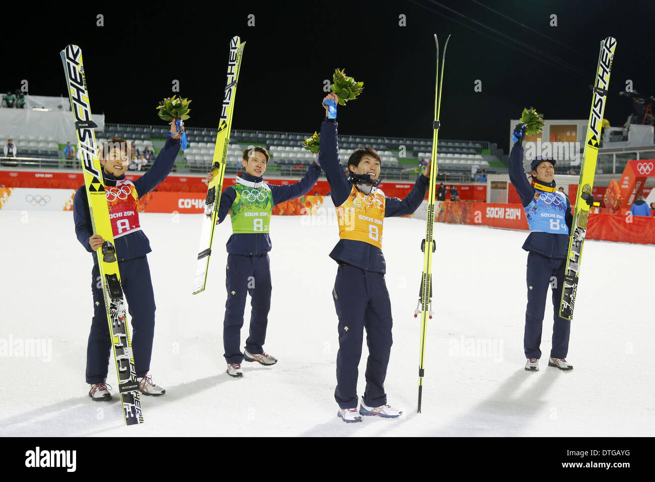 Sochi, Russia. 17th Feb, 2014. (L-R) Reruhi Shimizu, Taku Takeuchi, Daiki  Ito, Noriaki Kasai, (JPN) Ski Jumping : Men's Team Large Hill at RUSSKI  GORKI Jumping Center during the Sochi 2014 Olympic