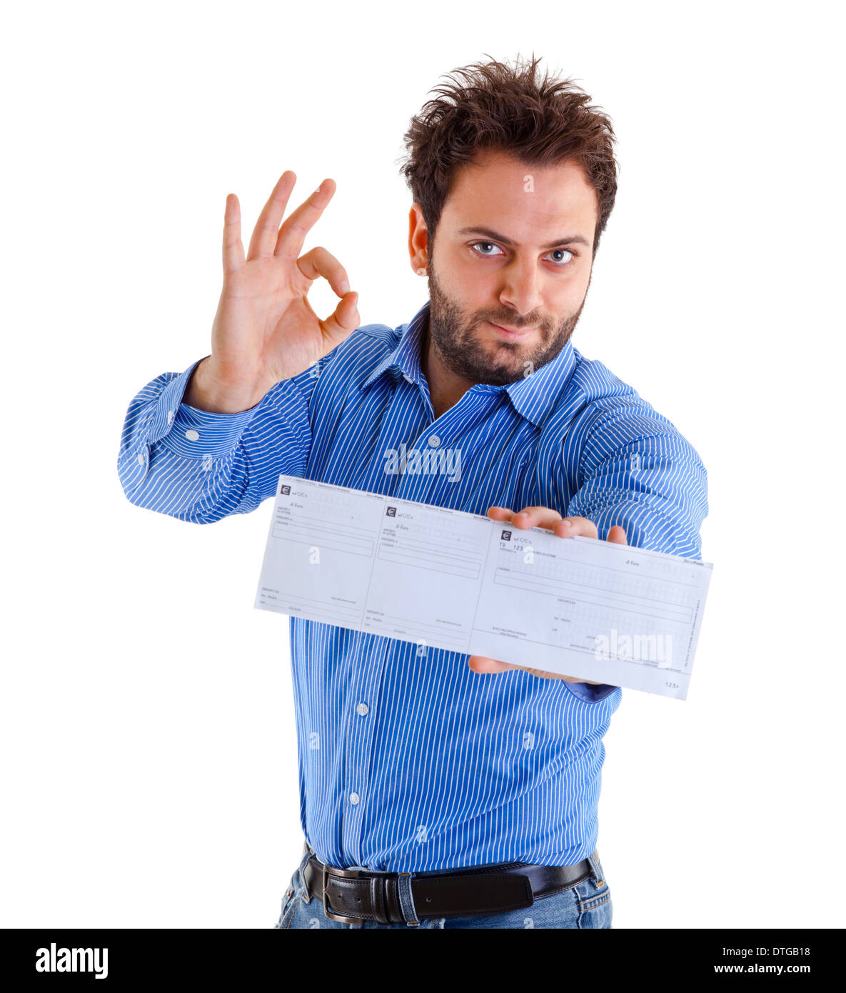 Young man showing the italian money order Stock Photo - Alamy