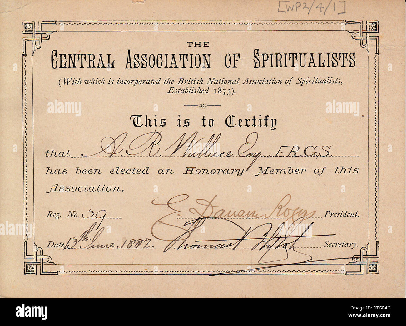 A.R. Wallace's Spiritualist Certificate Stock Photo