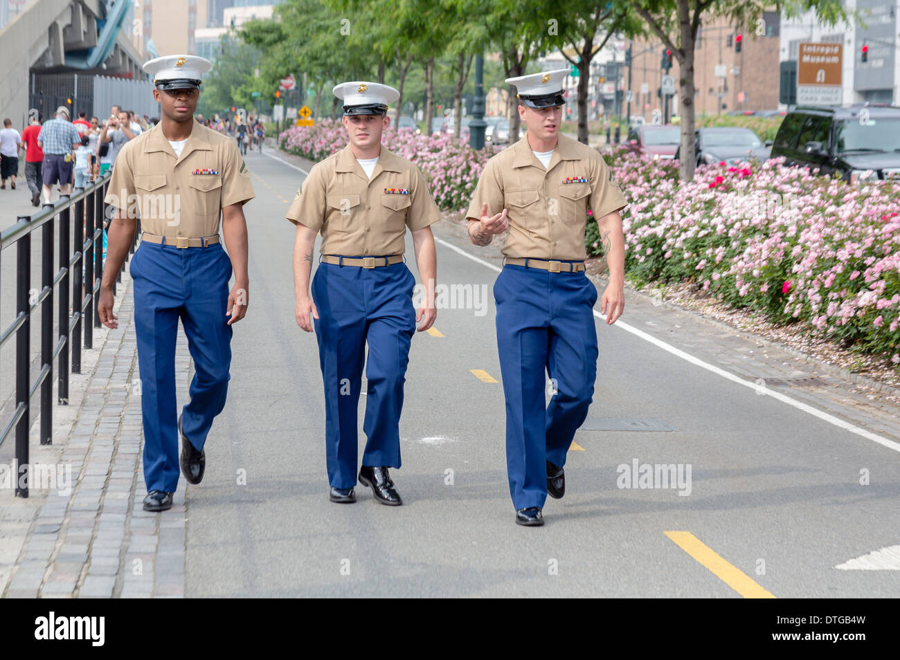 United States Lance Corporals Marines walk in New York City during the Fleet Week celebration. Stock Photo