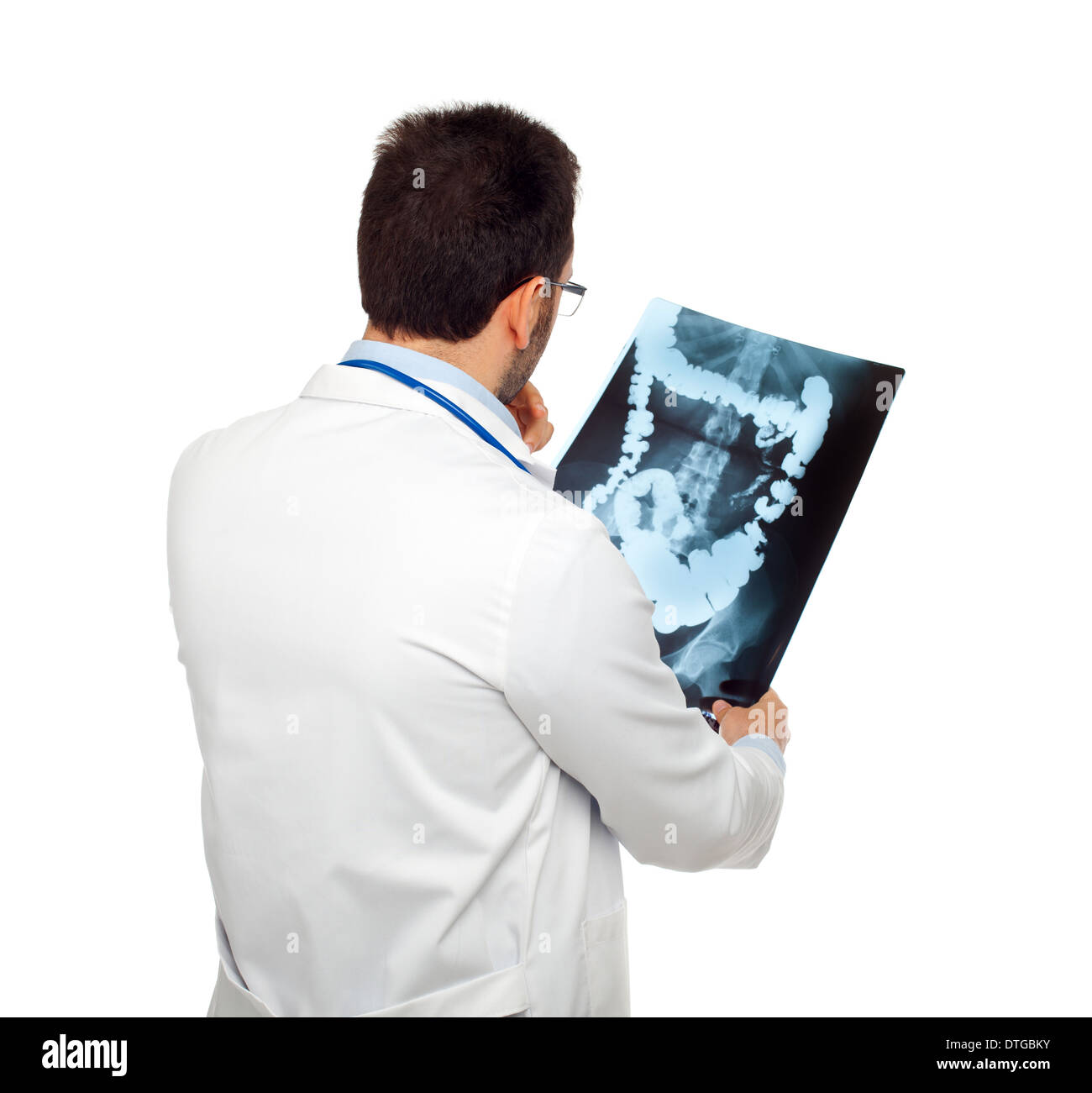Doctor consulting a bowel radiography isolated on white Stock Photo