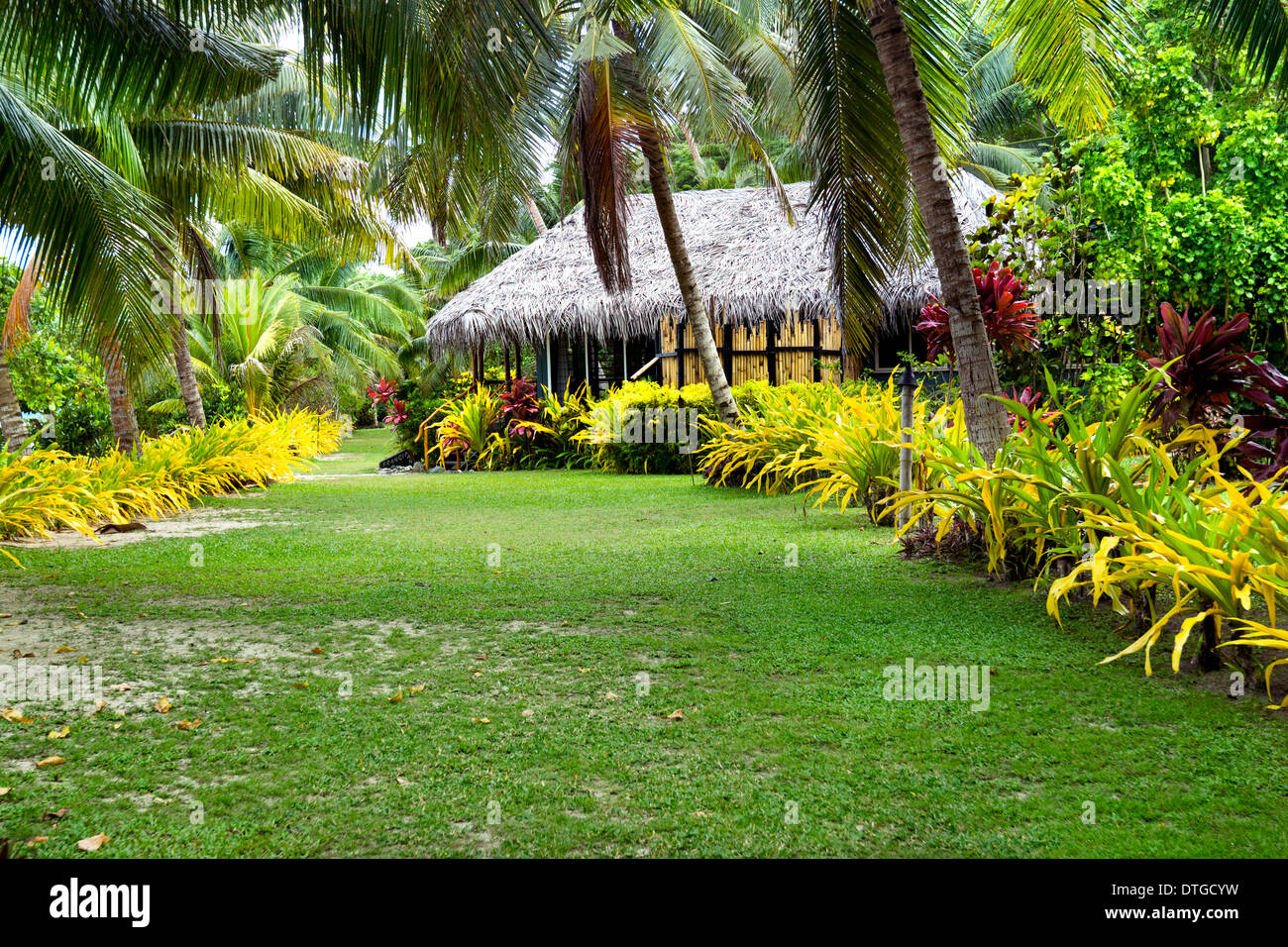 A Fijian bure along a lush, tropical beach surrounded by palm trees, green grass and many plants. Stock Photo