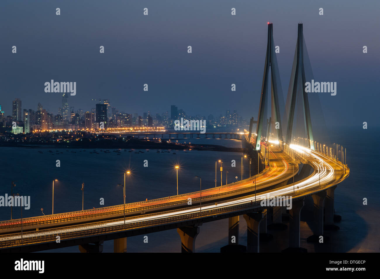 Night view of the Bandra Worli Sea Link bridge. A testament to India's technological development. Stock Photo