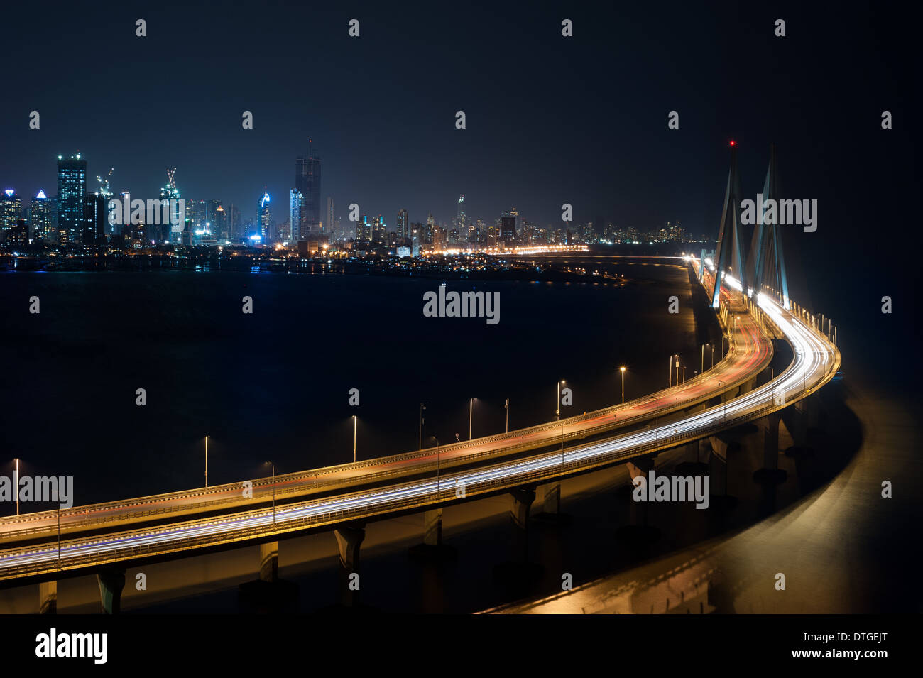 Night view of the Bandra Worli Sea Link bridge. A testament to India's technological development. Stock Photo