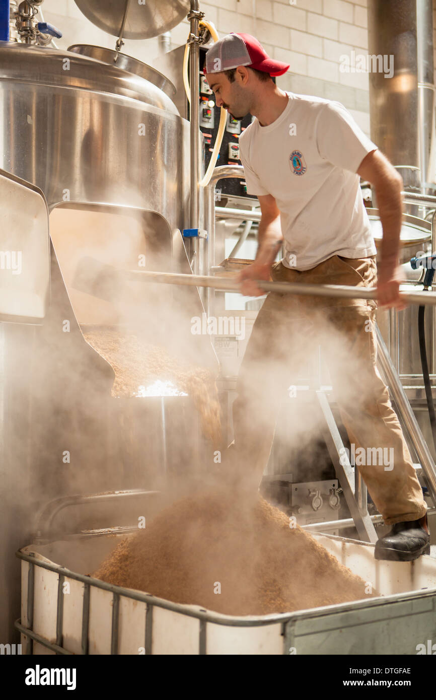 brewer Reno King graining out, Figueroa Mountain Brewing Company, Buellton, Santa Ynez Valley, California Stock Photo