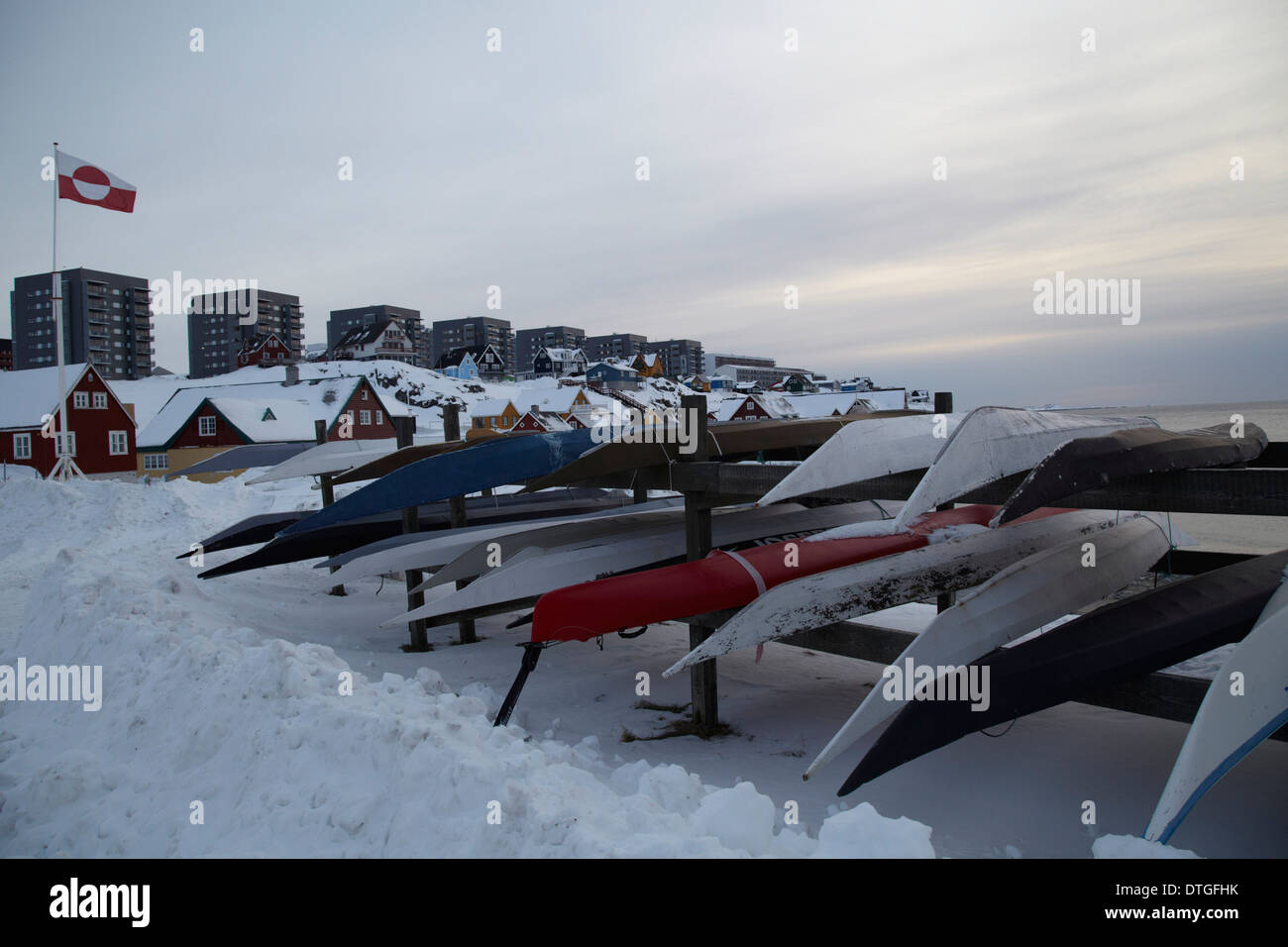 Kayaks on a shore in Nuuk. Greenland Stock Photo