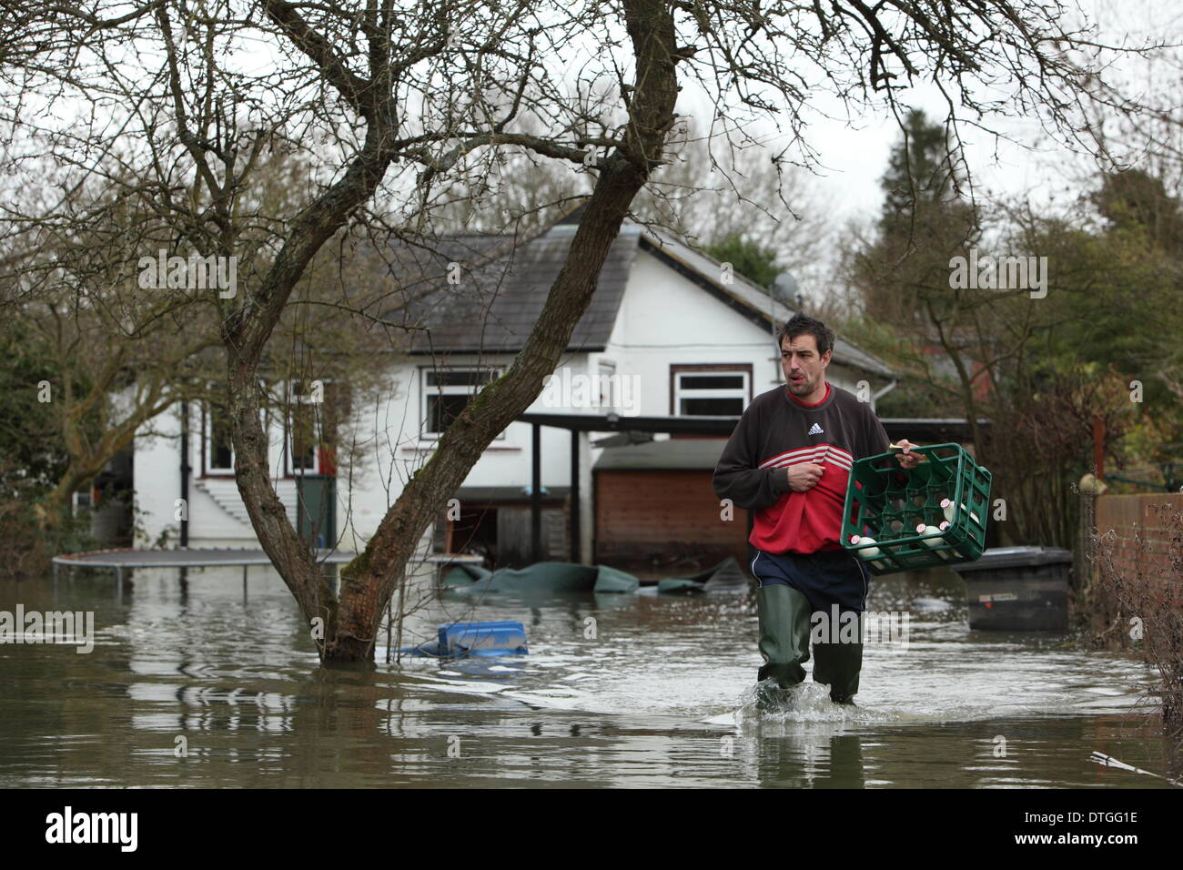 Thames Valley, UK . 17th Feb, 2014. Milk man delivers milk to flooded homes on Friary Island, Wraysbury near Staines. Flood waters remain high after flooding across the Thames valley. Credit:  Zute Lightfoot/Alamy Live News Stock Photo