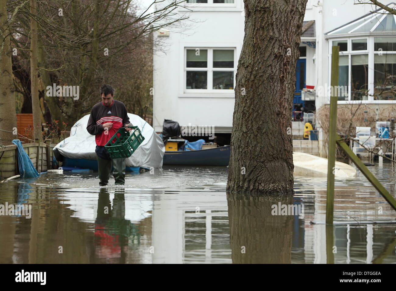 Thames Valley, UK . 17th Feb, 2014. Milk man delivers milk to flooded homes on Friary Island, Wraysbury near Staines. Flood waters remain high after flooding across the Thames valley. Credit:  Zute Lightfoot/Alamy Live News Stock Photo