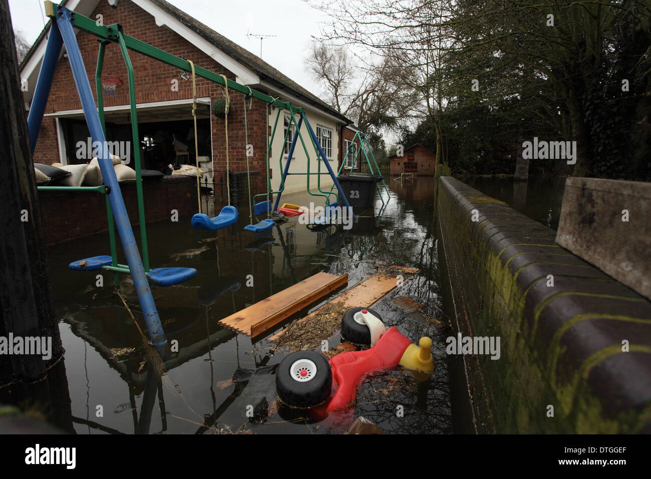 Ham Island, Thames Valley, UK.  Flood waters surround children,s playground Stock Photo