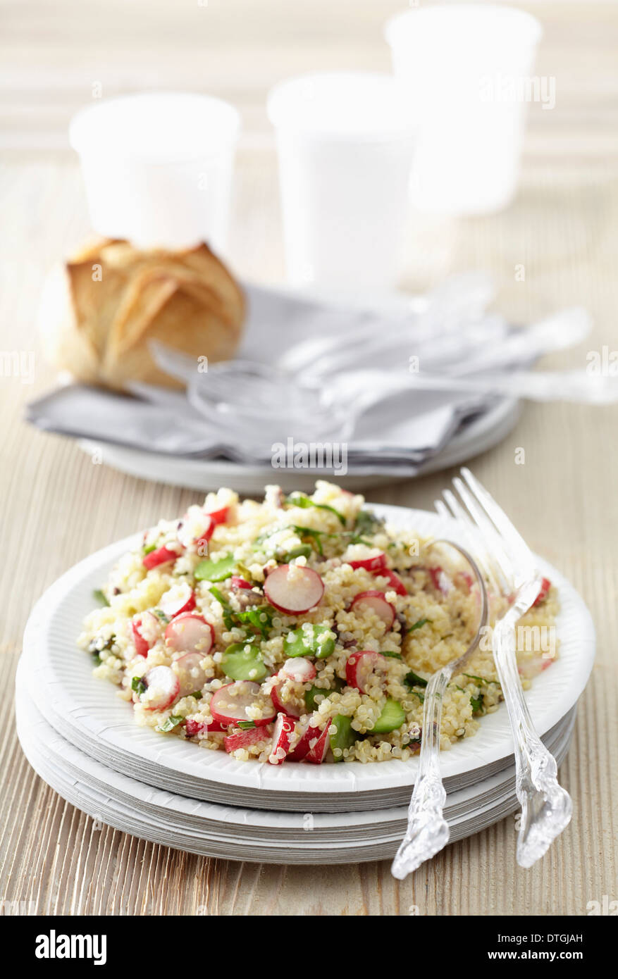 Quinoa tabbouleh with broad beans,radishes and seaweed Stock Photo