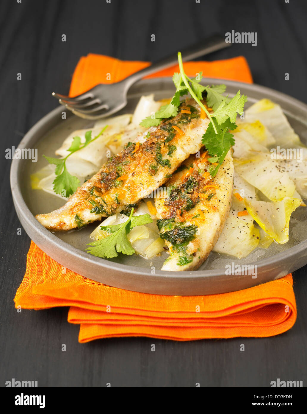Sea bream fillets with orange zests and chicory Stock Photo - Alamy