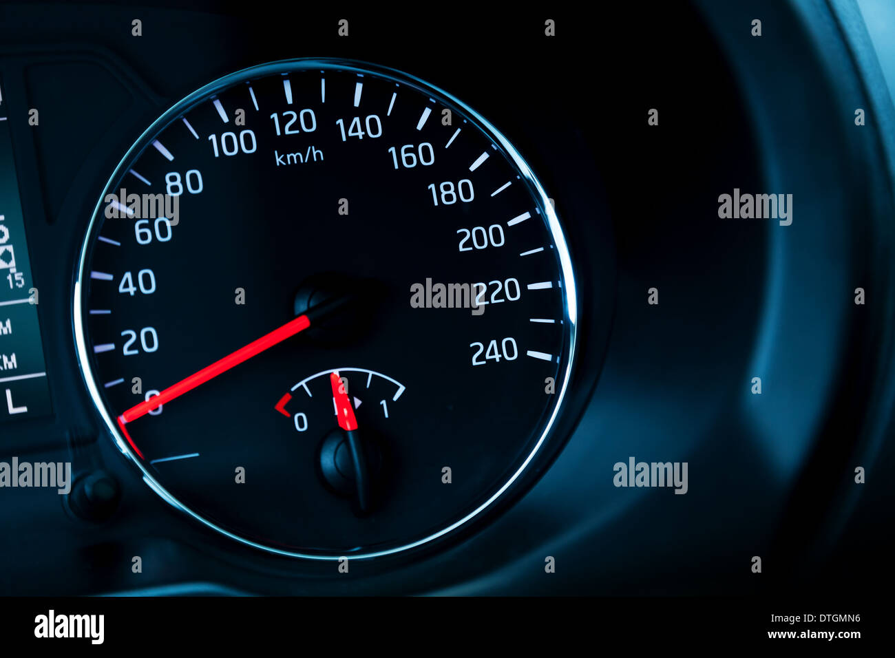 Closeup photo ob modern automotive speedometer on black Stock Photo