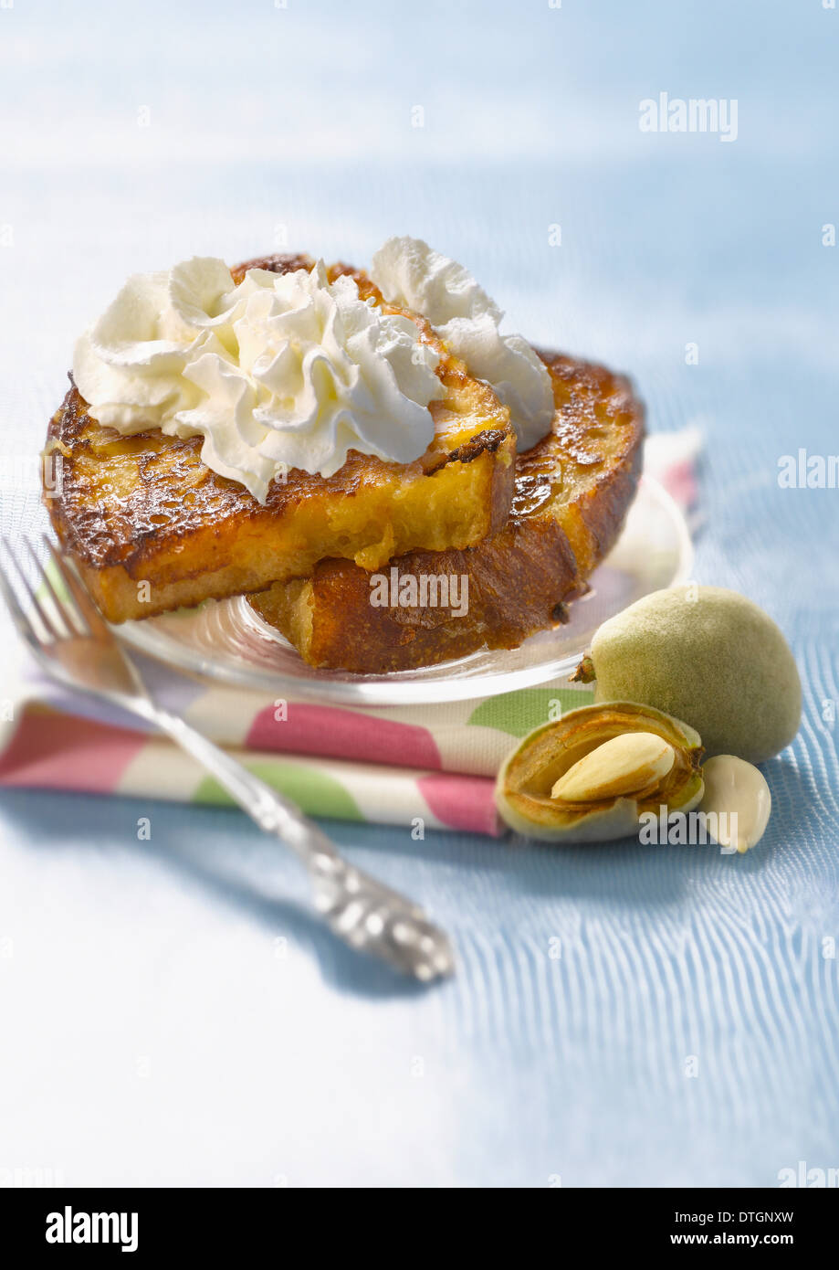 French toast with almondflavored whipped cream Stock Photo Alamy
