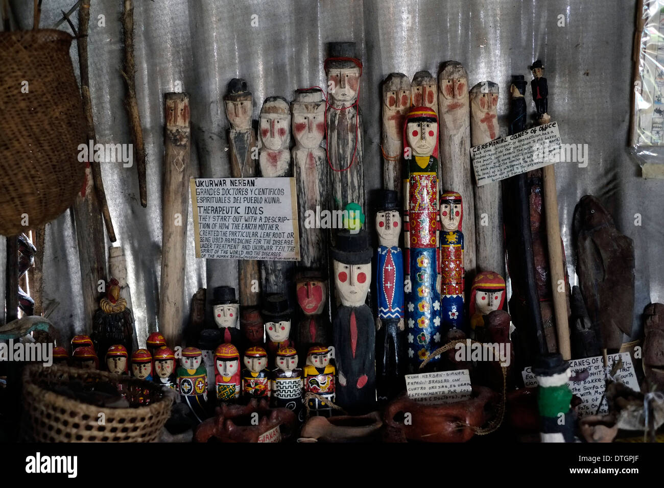 Carved wooden therapeutic idols displayed in a small museum of culture focusing on local traditions in Carti Sugtupu island village administered by Guna natives known as Kuna in the 'Comarca' (region) of the Guna Yala located in the archipelago of San Blas Blas islands in the Northeast of Panama facing the Caribbean Sea. Stock Photo