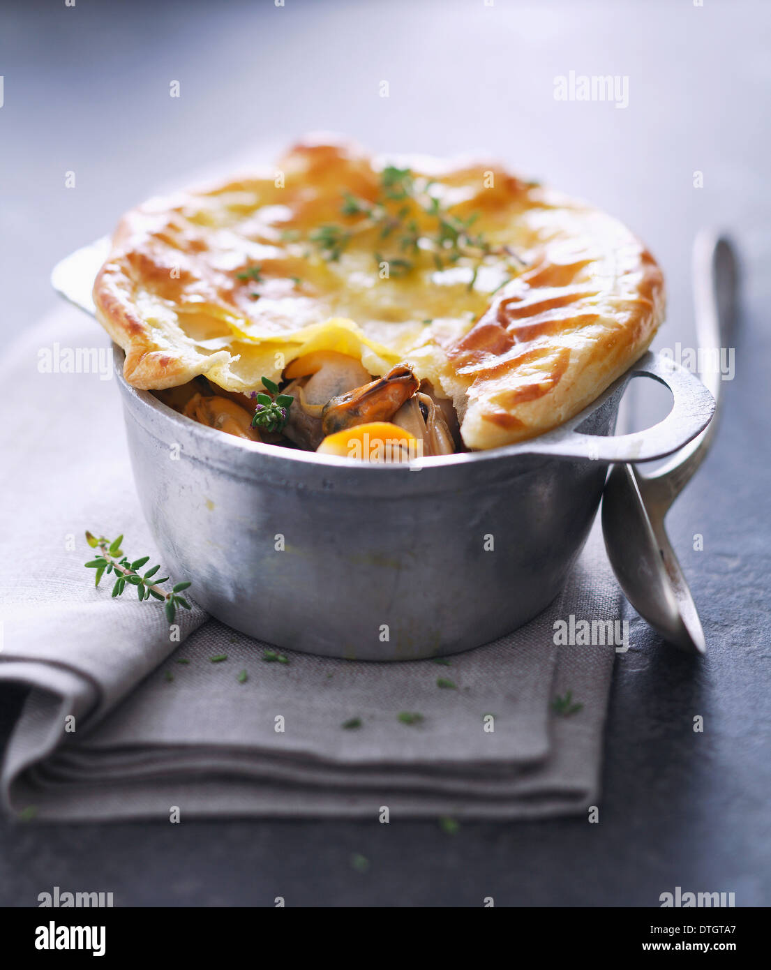 Seafood casserole sealed with pastry Stock Photo