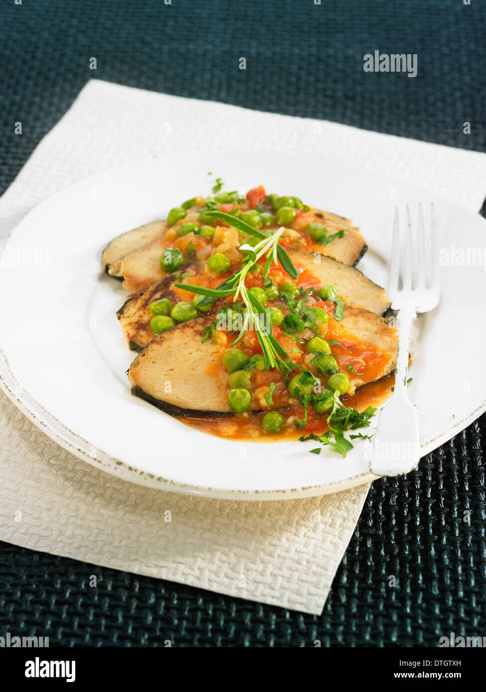 Vegan bread with peas and tomato sauce Stock Photo