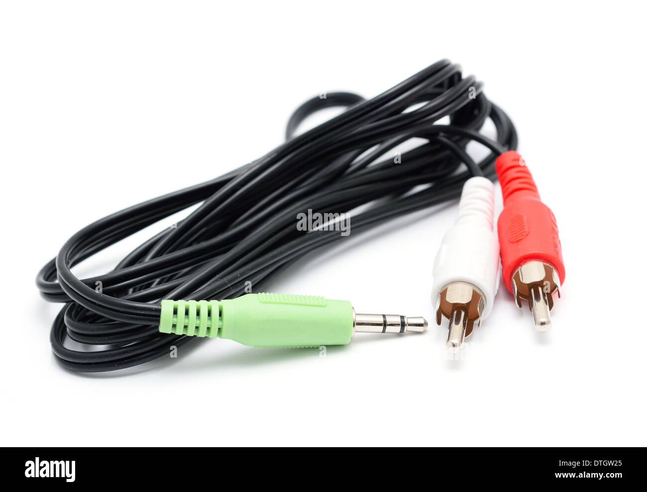 Black audio cable on a white background. One stereo jack and two cinches. Stock Photo
