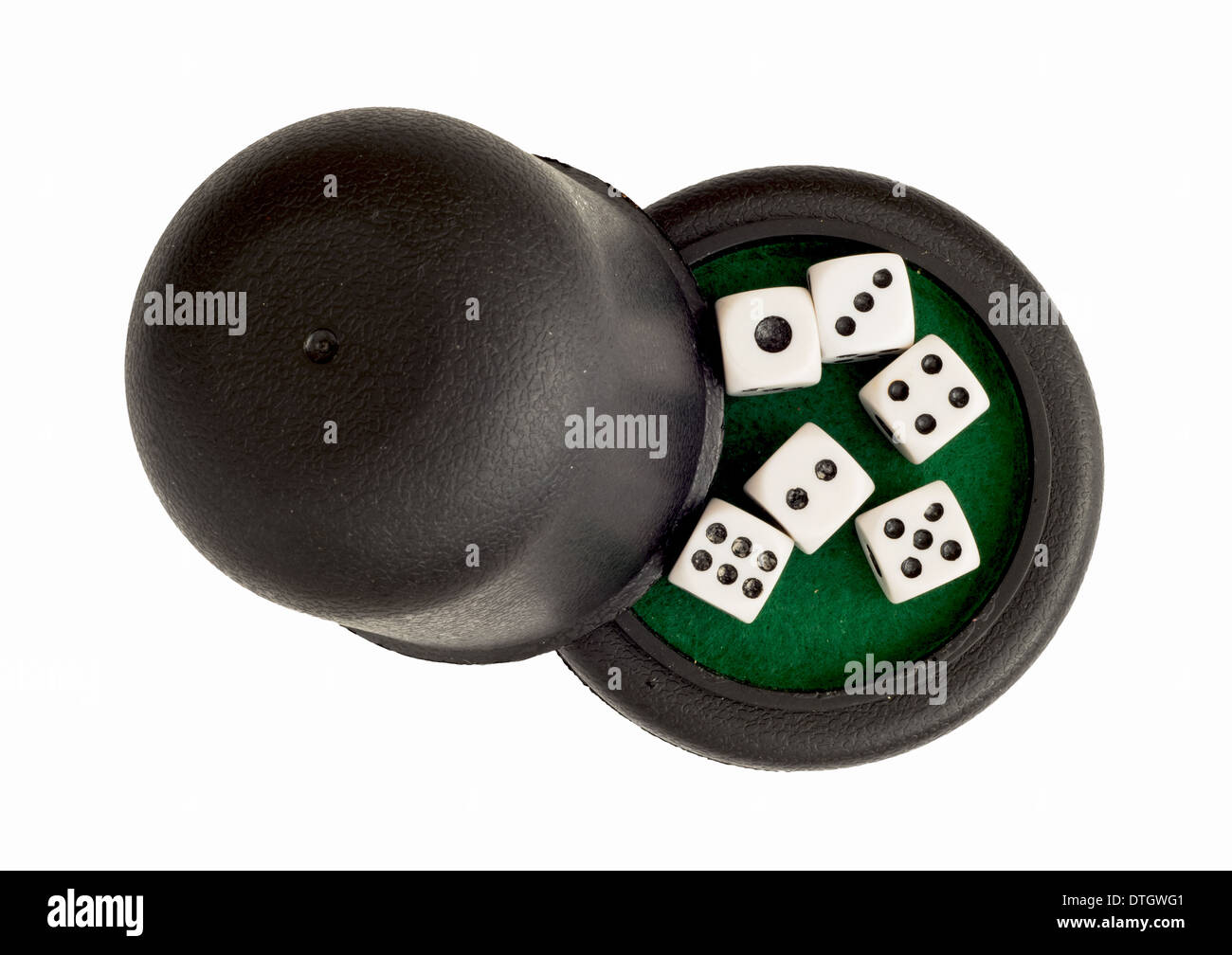 Dices with black cup on a white background. Stock Photo