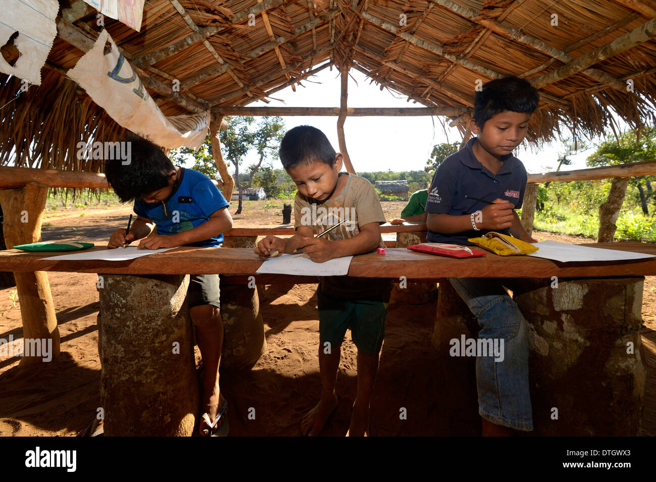 School in a village of the Xavantes people, Tres Rios near the mission of Sangradouro, Primavera do Leste, Mato Grosso, Brazil Stock Photo