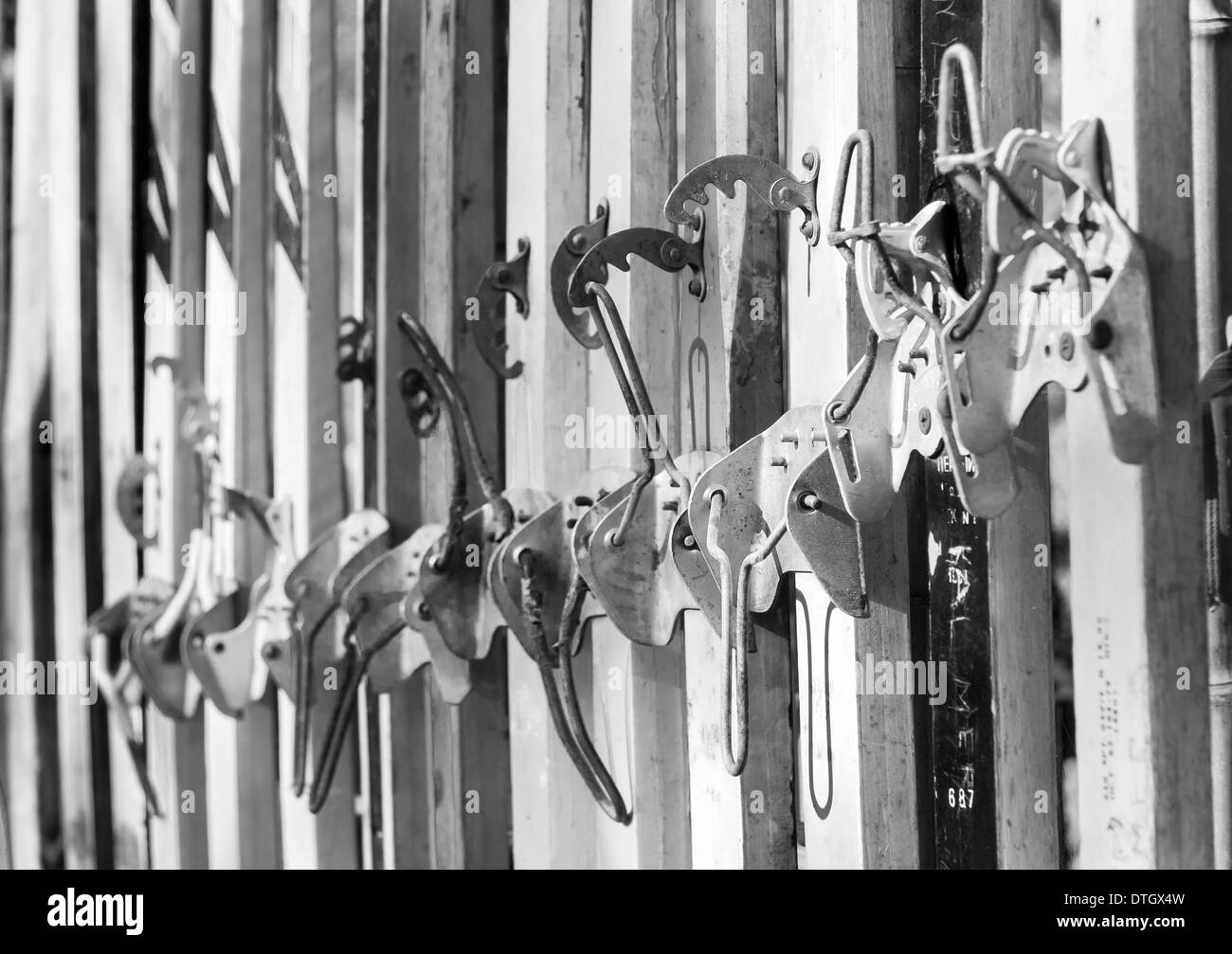 Closeup of ancient ski clamps Stock Photo