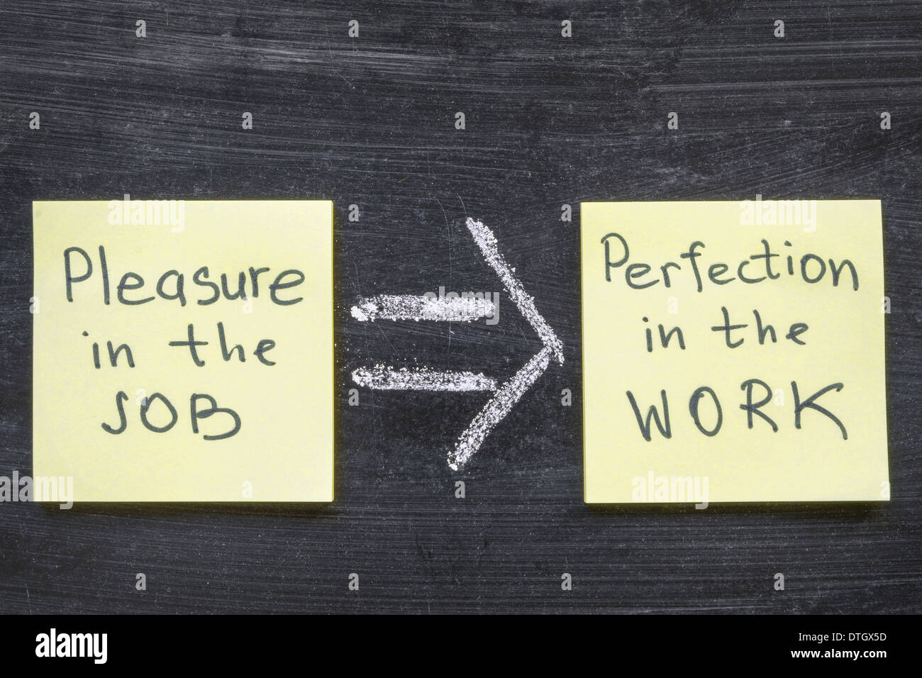 interpretation of famous Aristotle quote 'Pleasure in the job puts perfection in the work' handwritten on sticker notes Stock Photo