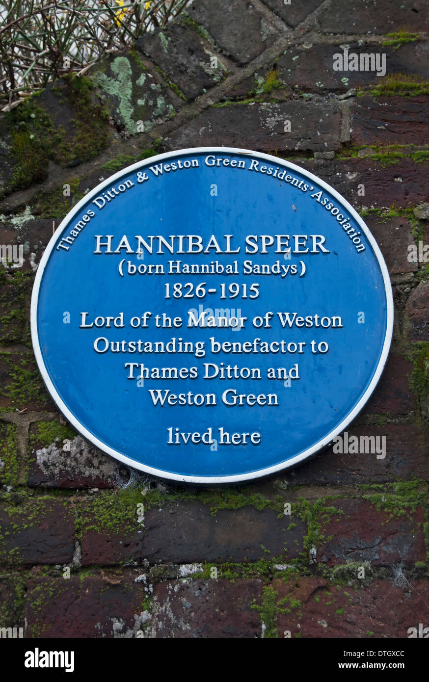 local history blue plaque marking the home of lord of the manor, hannibal speer, in thames ditton, surrey, england Stock Photo