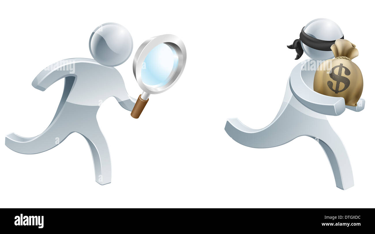 An illustration of a detective character with magnifying glass chasing a thief with a money sack Stock Photo