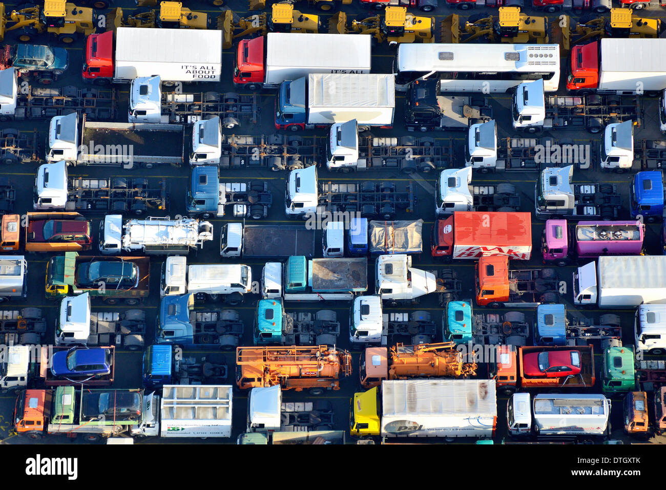 Used trucks for export, UNIKAI, aerial view, Port of Hamburg, Hamburg